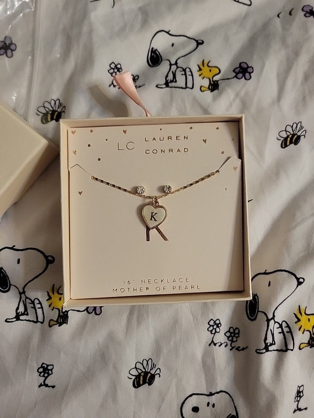 Lauren Conrad "K" Initial Mother of Pearl Heart Pendant Necklace 16" Gold Tone